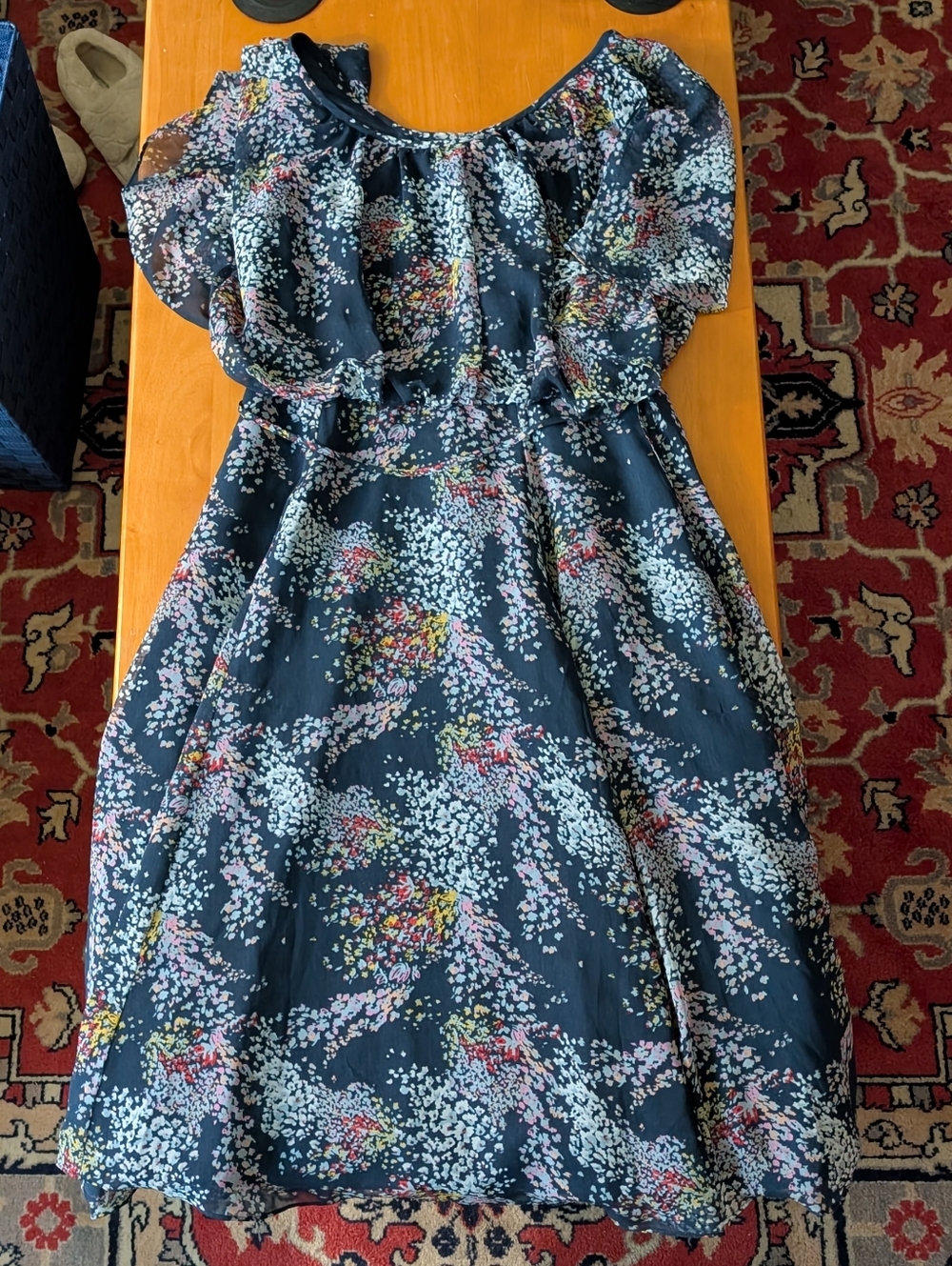ModCloth Fiore Your Entertainment Flora Navy Blue Floral Cold Shoulder Dress Lg - Picture 2 of 2